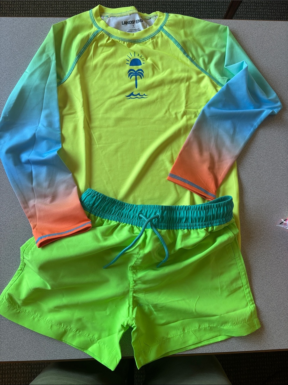 Lands' End Kids Neon Lime Rash Guard Set with Blue-to-Orange Gradient Sleeves